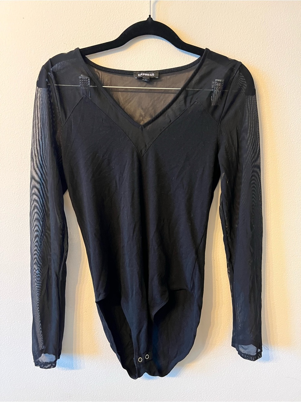 Express Black V-Neck Sheer-Sleeve Bodysuit
